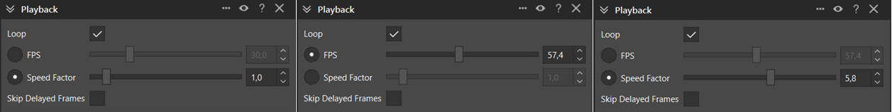 Irregular timestamps: FPS and Speed factor are independent and only one of them can be active each time. The images show that only one control is active at a time; changing one does not update the other.