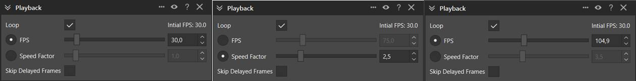 Regular timestamps: FPS and Speed factor stay in sync (30.0 → 73.8 → 104.9 FPS corresponds to 1.0 → 2.5 → 3.5 speed factor).